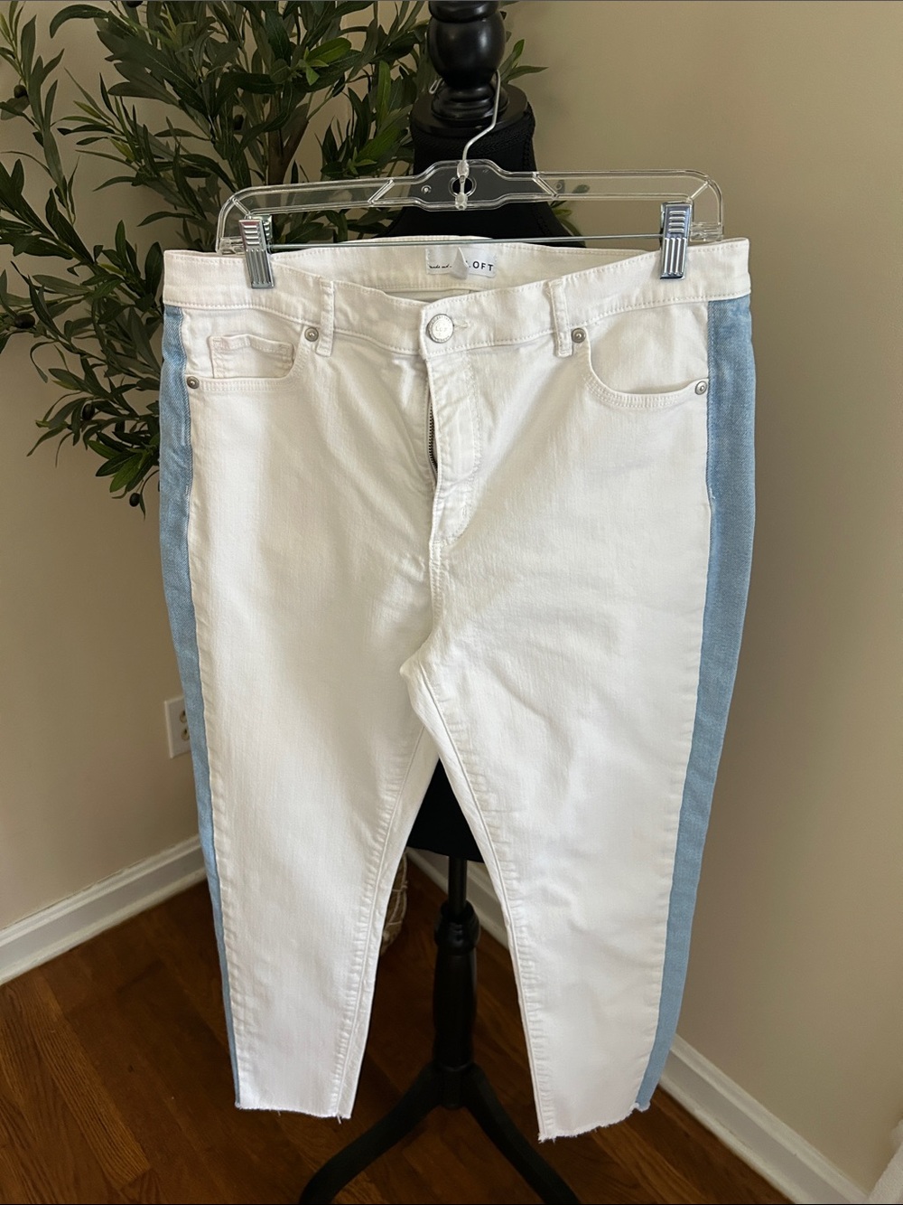 White Jeans with Light Blue Side Stripe - Women's Slim Crop